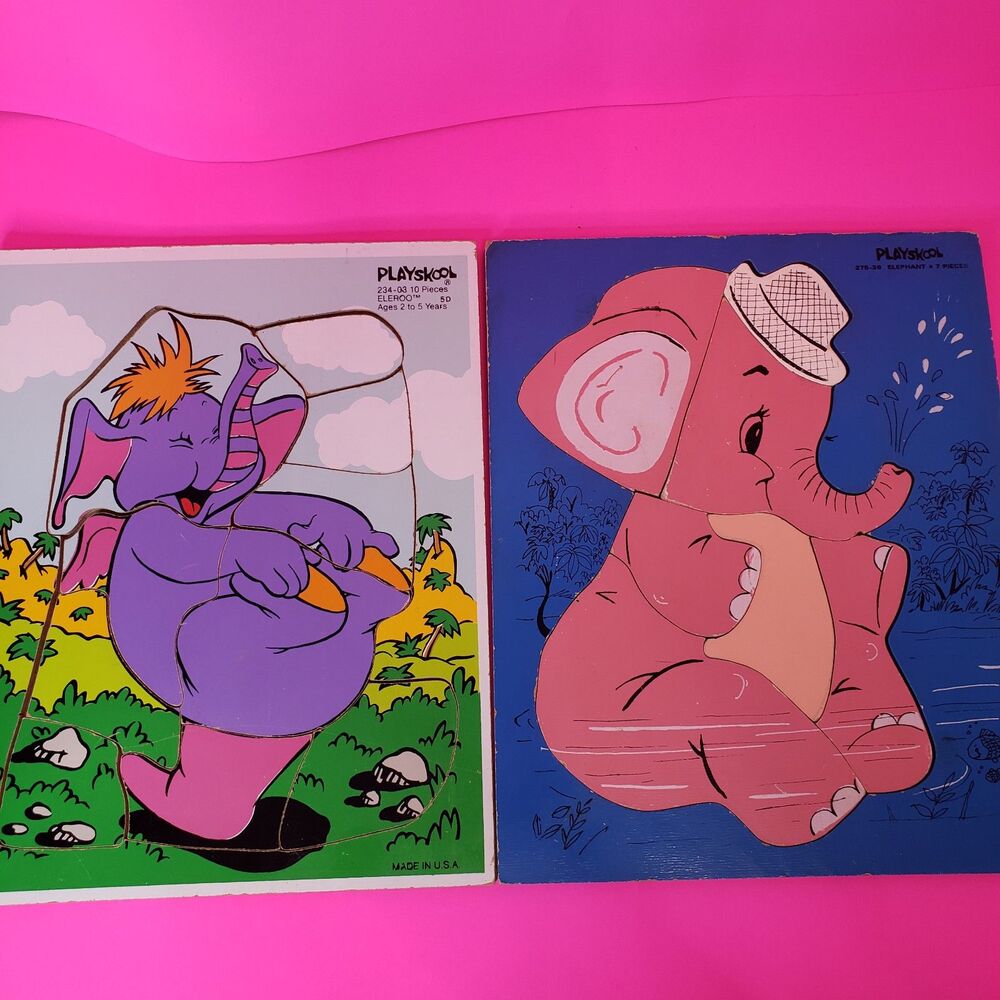 Lot of 2 Vintage Playskool Wooden Puzzles Pink Elephant & Disney Wuzzles Eleroo